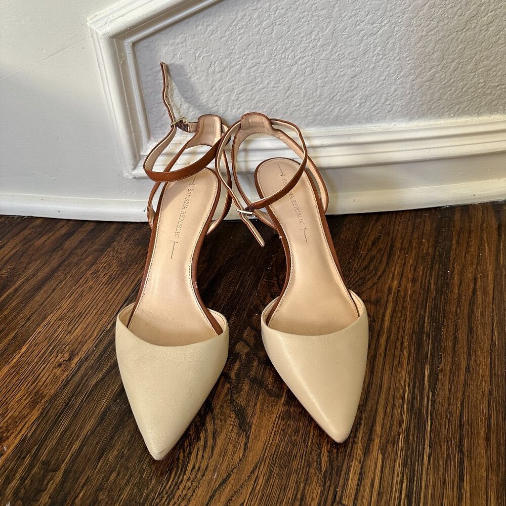 Banana Republic Ivory Cream Brown Leather Ankle Strap Heels Shoes - Size 10